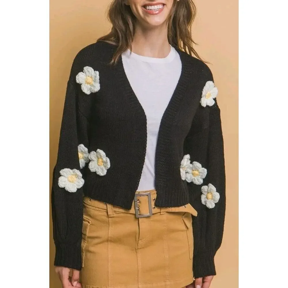 Love Tree Women’s Small Black‎ Daisy Knit Cardigan Sweater Balloon Sleeve Kawaii